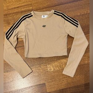 Adidas Beige Long Sleeve Crop Top with Black Stripes. Size M